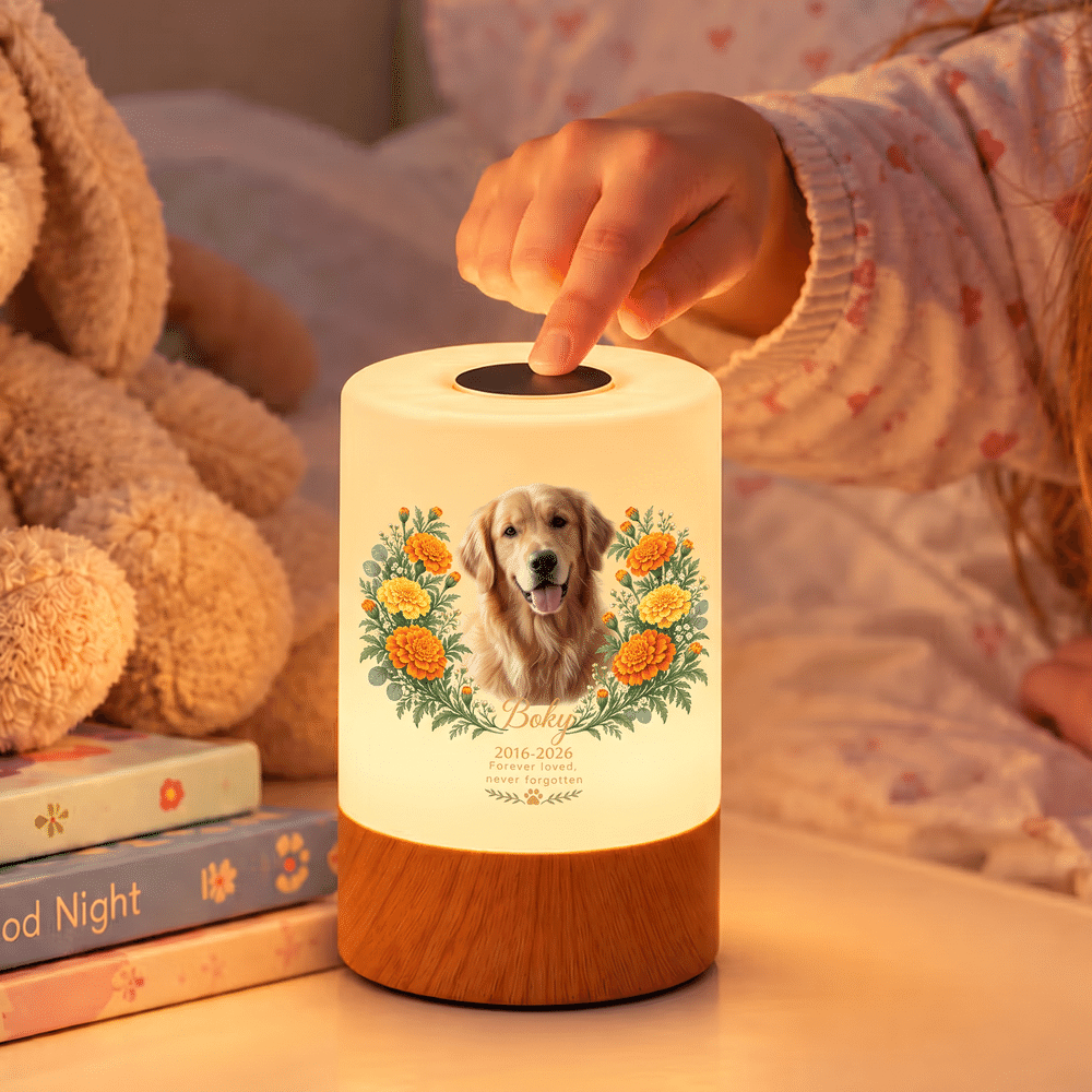 Personalized Oil Painting Pet Photo Birth Flower Touch Control Night Light with Name Year and Text Memorial Sympathy Gift for Loss of Pet 2