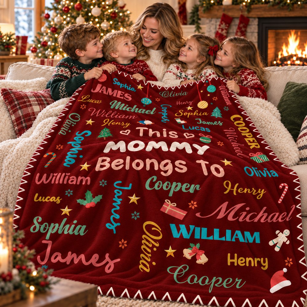 Gepersonaliseerde kerst-woordwolk: warme plaid met titel en namen van gezinsleden – woondecoratie en kerstcadeau voor familie en vrienden 2