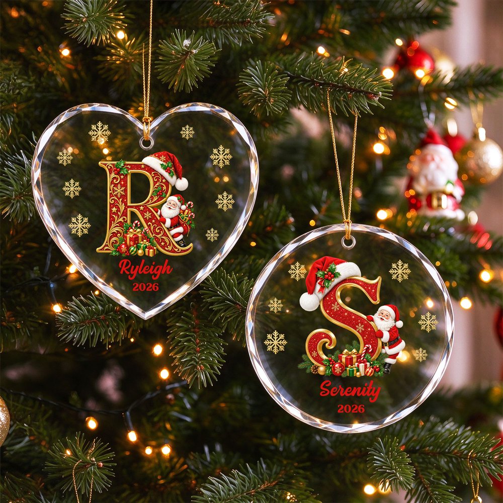 Personalised Santa Claus Christmas Hat Initial Circle Heart Shape Ornament with Name and Year Home Decor Christmas Gift for Family 2
