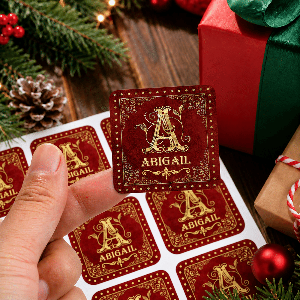 Personalized Retro Gold Initial Red Green Waterproof Square Stickers with Name Christmas Gift for Family Friends 2