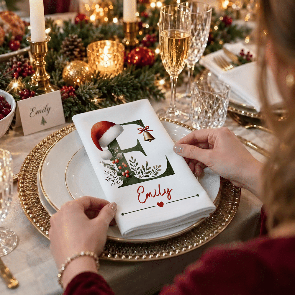 Personalised Santa Hat Initial 100% Cotton Christmas Napkin with Name Table Decoration Christmas Gift for Kids Family Friends 5