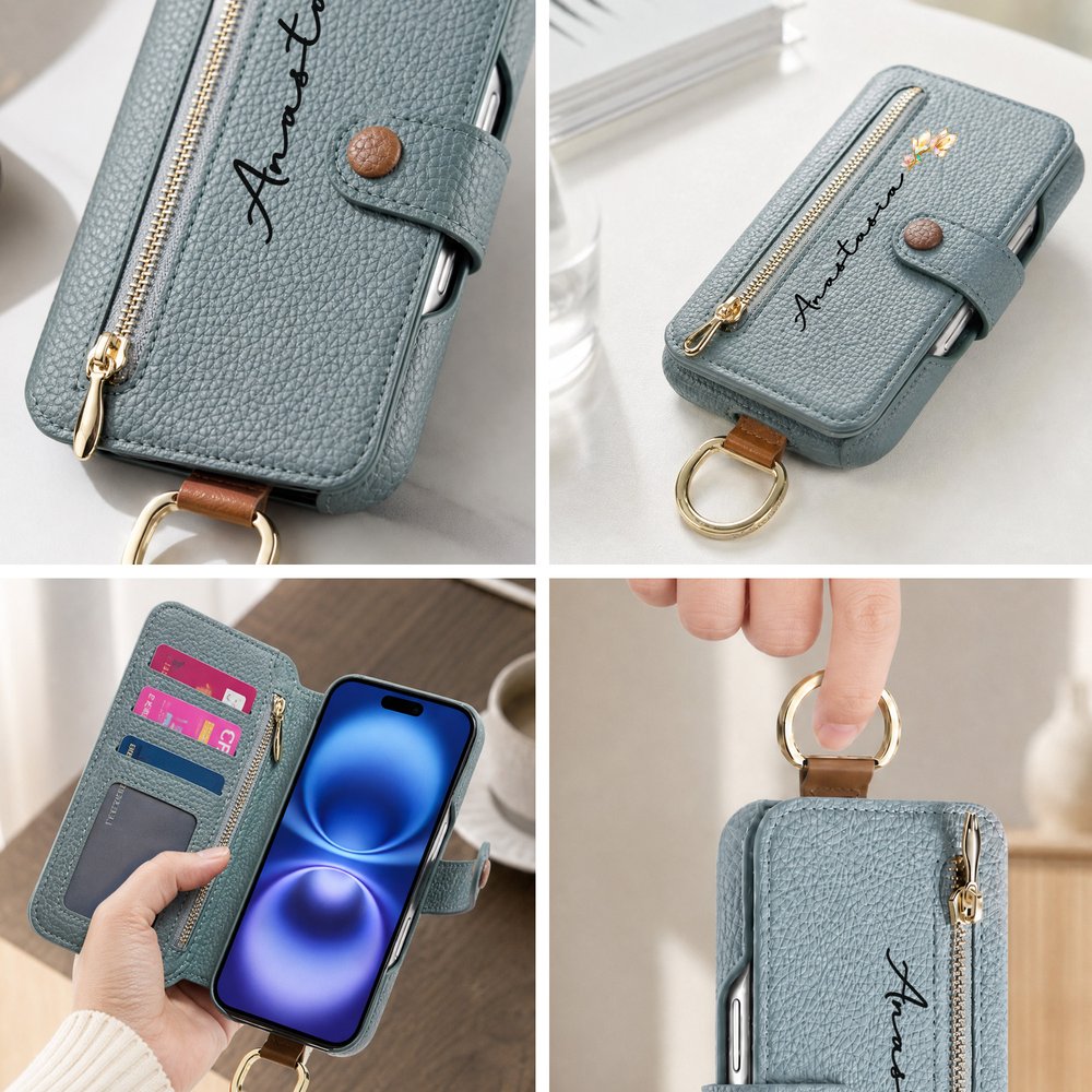 Personalised Birth Flower PU Leather Flip Wallet iPhone Case with Name Birthday Christmas Gift for Family Friend 7