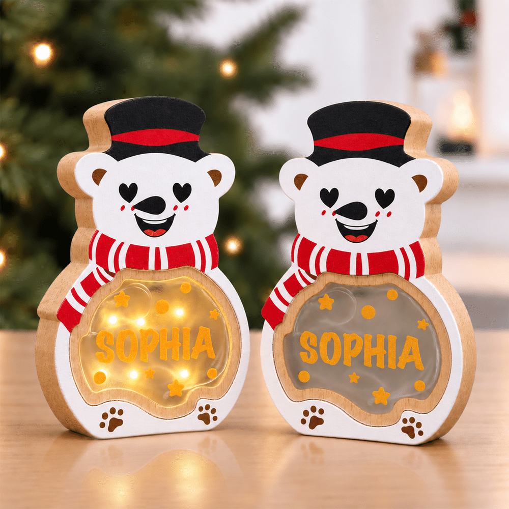 Personalized Cute Polar Bear LED Light Wooden Christmas Ornament with Name and Text Christmas Gift for Family Kids 4
