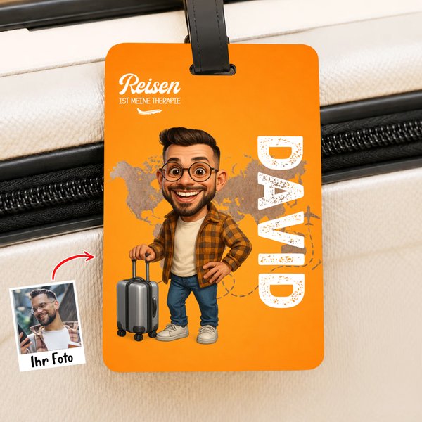 Personalisierter Foto-Karikatur Kofferanhänger mit Namen & Lebensmotto | Reisezubehör | Geburtstagsgeschenk für Weltenbummler, Freunde & Familie