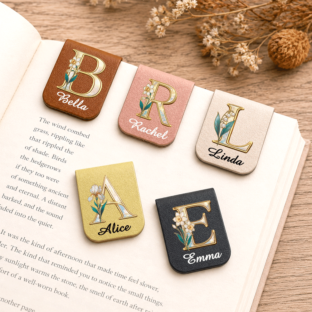 Personalized Pearl Effect Birth Flower Initial Magnetic PU Leather Bookmark Clip with Name Daily Use Birthday Gift for Bookworms Book Lovers 1