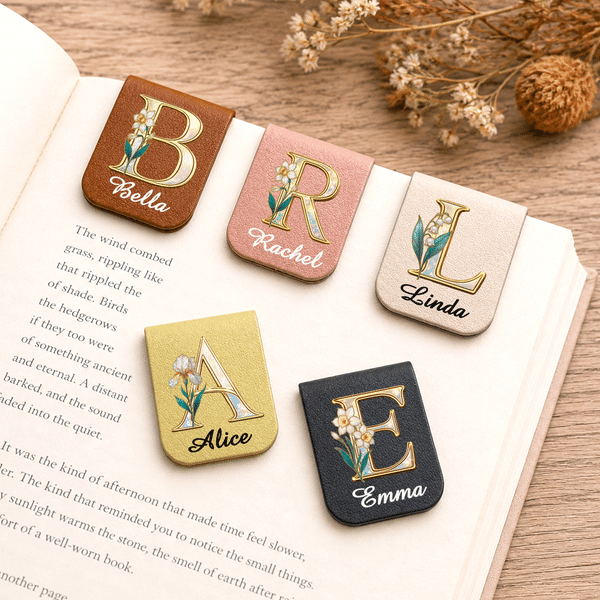 Personalized Pearl Effect Birth Flower Initial Magnetic PU Leather Bookmark Clip with Name Daily Use Birthday Gift for Bookworms Book Lovers