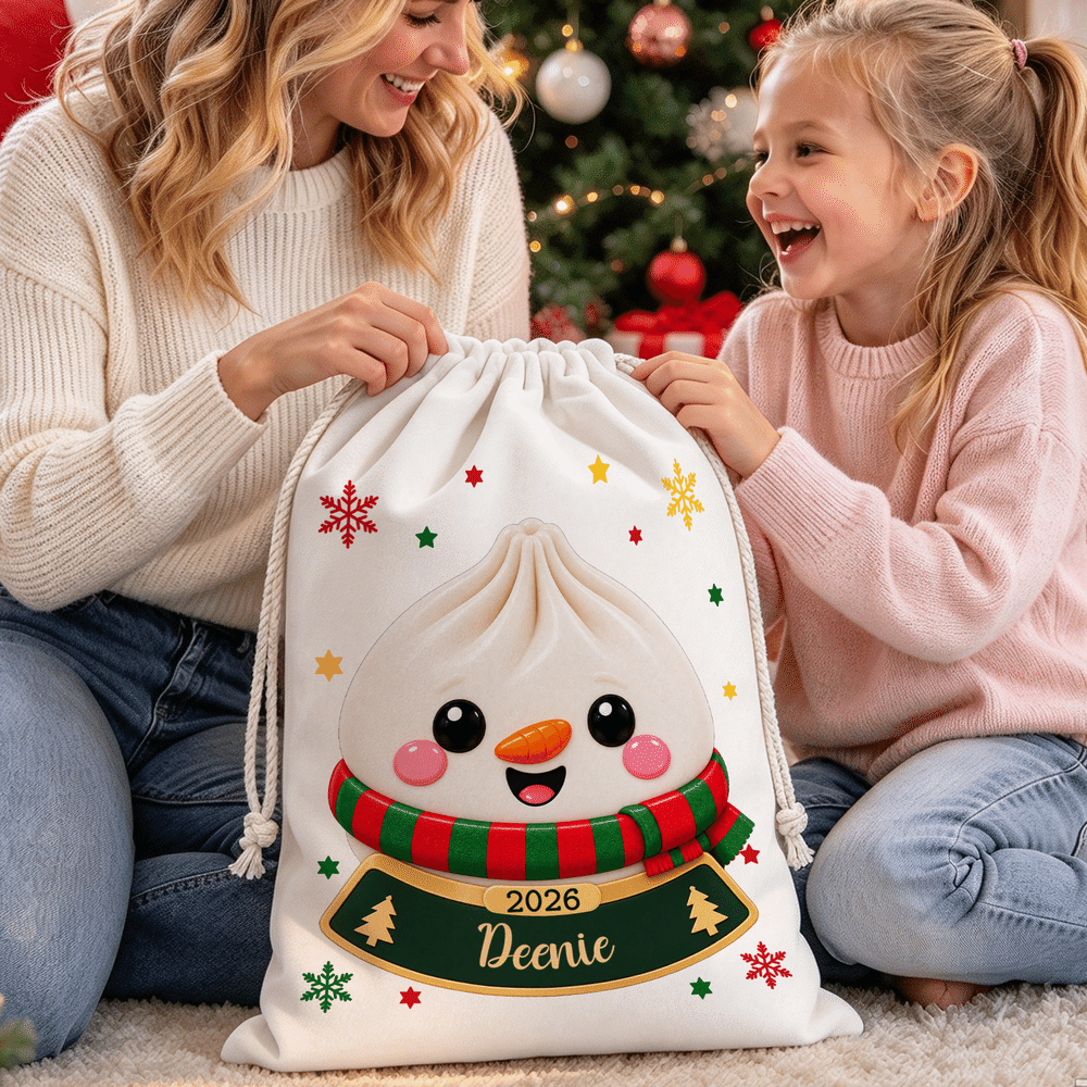 Sacchetto regalo personalizzato con effetto 3D, decorato con un disegno natalizio in stile cartone animato raffigurante un raviolo, con nome e anno: regalo perfetto per la festa di Natale per bambini, familiari e amici 4