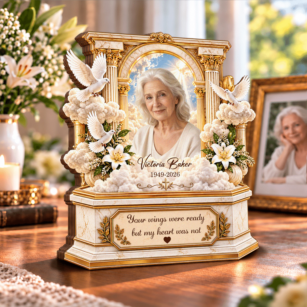 Décoration en bois superposée personnalisée de style 3D représentant une arche dorée ornée, avec photo d'art, année et texte : cadeau de condoléances pour la famille et les amis 2