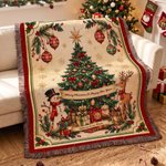 Personalized Vintage Christmas Reindeer Snowman Tassel Throw Blanket with Text Festive Christmas Gift for Family