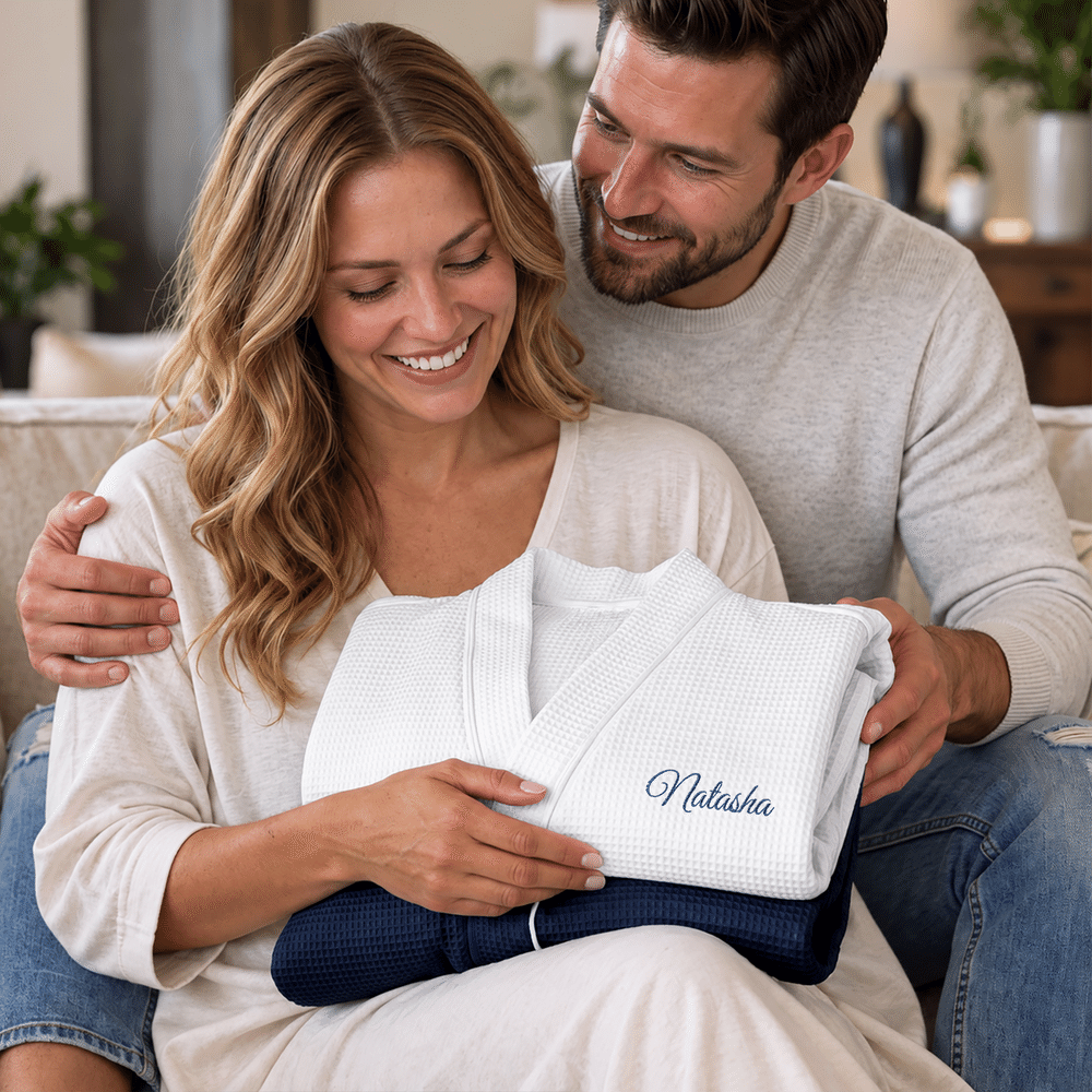 Personalized Embroidered Name Design Waffle Weave Bathrobe Honeymoon Anniversary Birthday Gift for Couple Bride Bridegroom 5