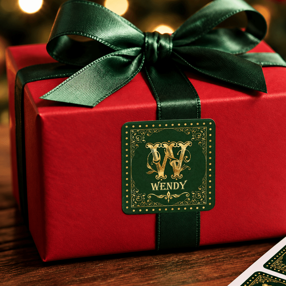 Personalized Retro Gold Initial Red Green Waterproof Square Stickers with Name Christmas Gift for Family Friends 6