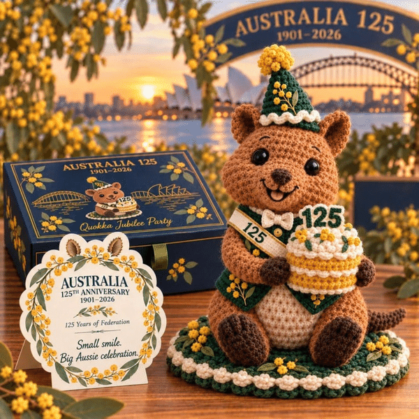 Hand Crocheted Australian Wildlife Collectible, 125 Anniversary Themed Knit Animal Statue, Gift Packed Decor, Keepsake Gift for Friends/Collectors