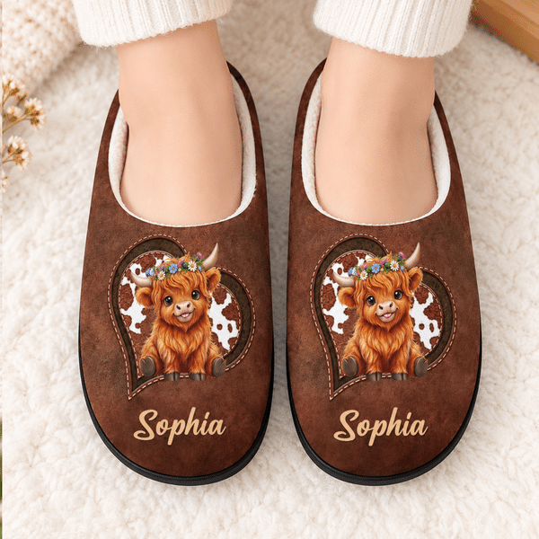 Personalized Highland Cow Cartoon Pattern Warm Flannel Slippers with Name Birthday Christmas Gift for Family Kids Women Men