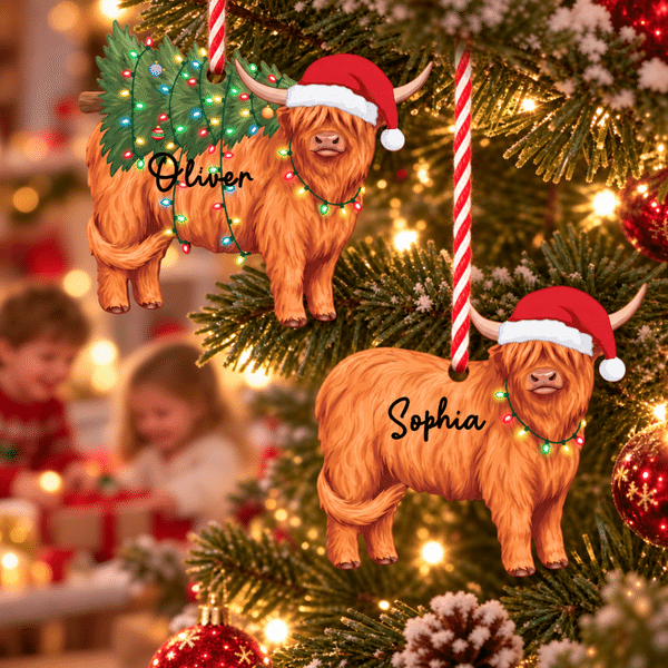 Personalized Christmas Hat Highland Cow Wooden Ornament with Name Home Decor Christmas Gift for Highland Cow Lovers Friends