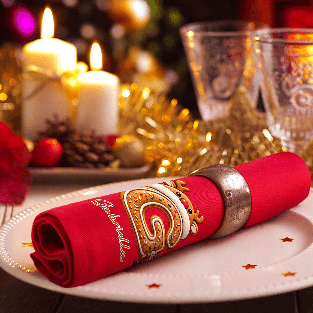 Serviette rouge 100 % coton personnalisée avec motif artistique à effet 3D sur le thème de Noël, avec initiale et prénom – Cadeau de Noël pour la famille et les invités 8