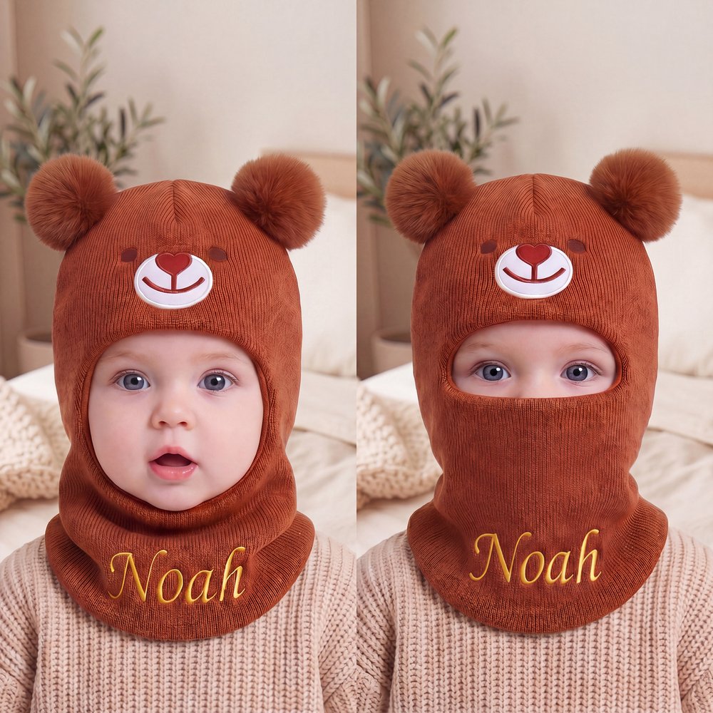 Gorro de punto suave personalizado para bebé con orejas de osito y nombre, para invierno y aire libre - Regalo de cumpleaños para niños 6