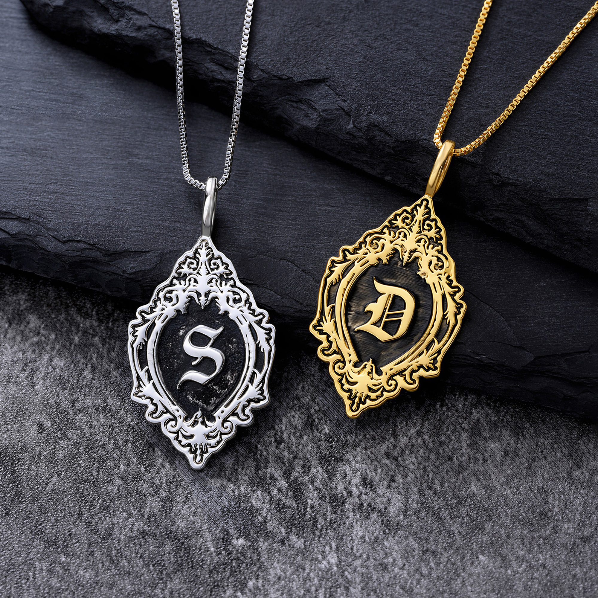 Personalized Gothic Vintage Old English Mirror Shape Sterling Silver Necklace with Engraved Initial Birthday Anniversary Gift for Woman