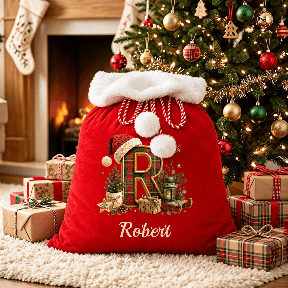 Personalized Christmas Plaid Style initial Velvet Pom-Pom Santa Sack with Name Christmas Gift for Kids Family 6