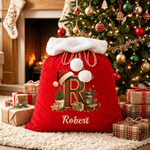 Personalized Christmas Plaid Style initial Velvet Pom-Pom Santa Sack with Name Christmas Gift for Kids Family 6