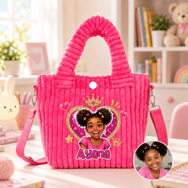 Bolso bandolera de pana personalizado con foto de un personaje de dibujos animados con purpurina y nombre: regalo de cumpleaños o Navidad para niñas