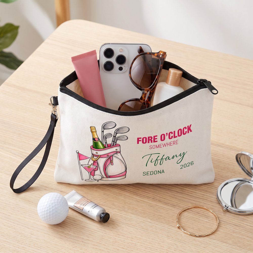Personalised Fore O'Clock Somewhere Golf Cosmetic Bag with Name Place and Year Golf Club Anniversary Birthday Gift for Women Golf Lovers 3
