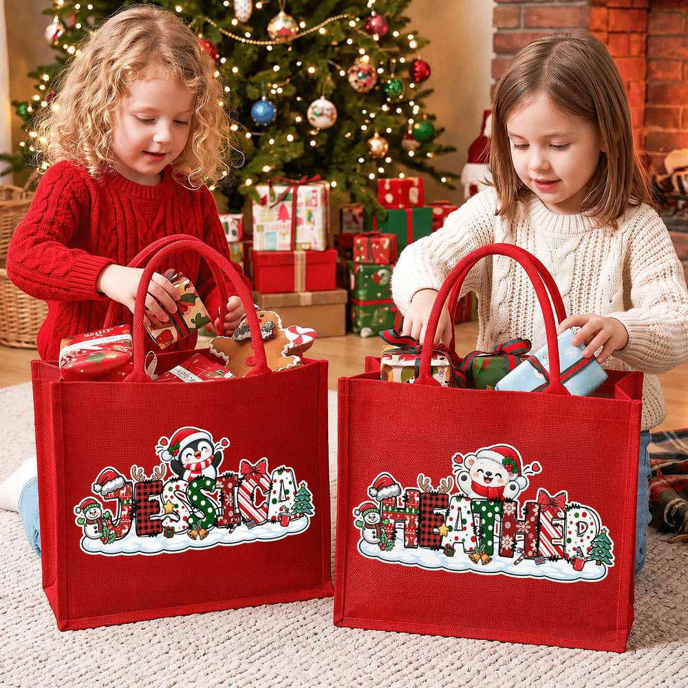 Personalized Cute Santa Claus Gingerbread Man Snowman Large Capacity Red Tote Bag with Name Christmas Party Gift for Kids Family Friends 6