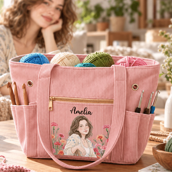 Personalized Birth Flower Watercolor Photo Corduroy Tote Bag with Name Daily Use Birthday Travel Gift for Women Friends Family Crocheters