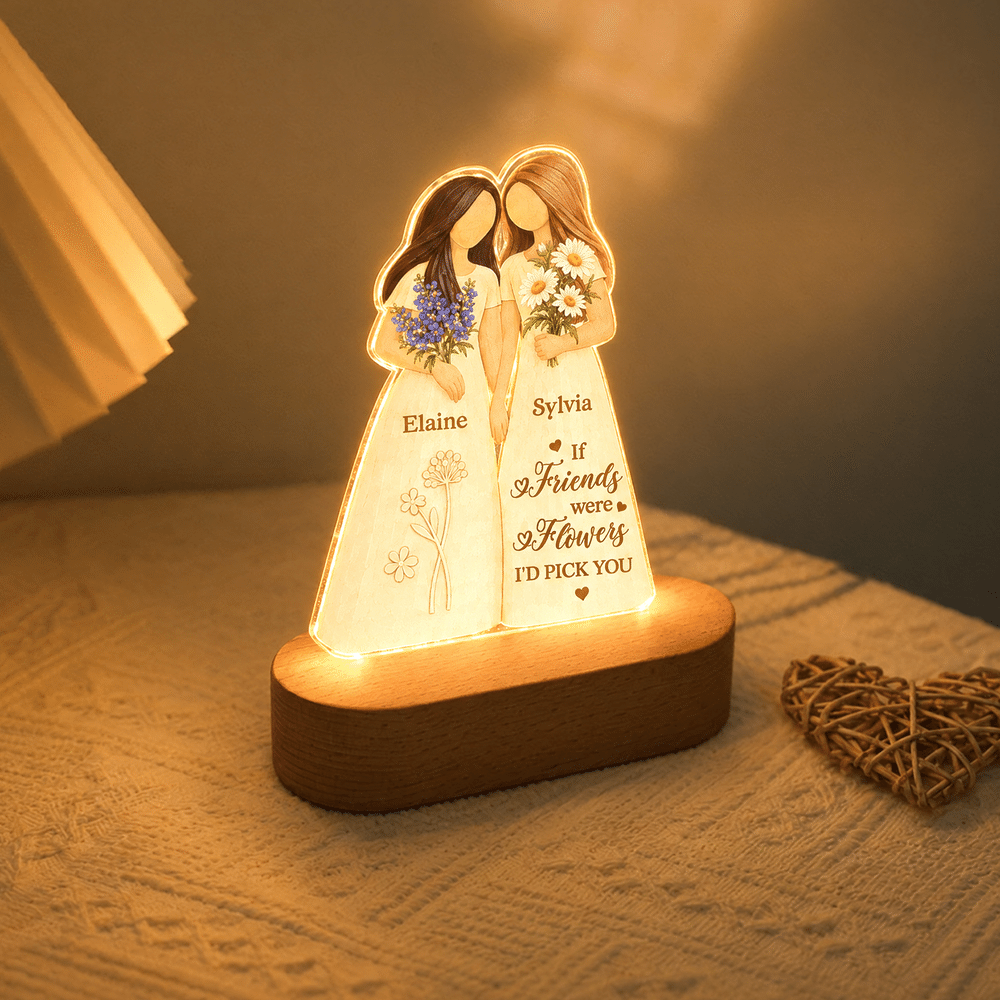 Personalized Birth Flower Faceless Human-Shaped Acrylic LED Night Light with Names and Base Anniversary Birthday Christmas Gift for Besties Sisters 7