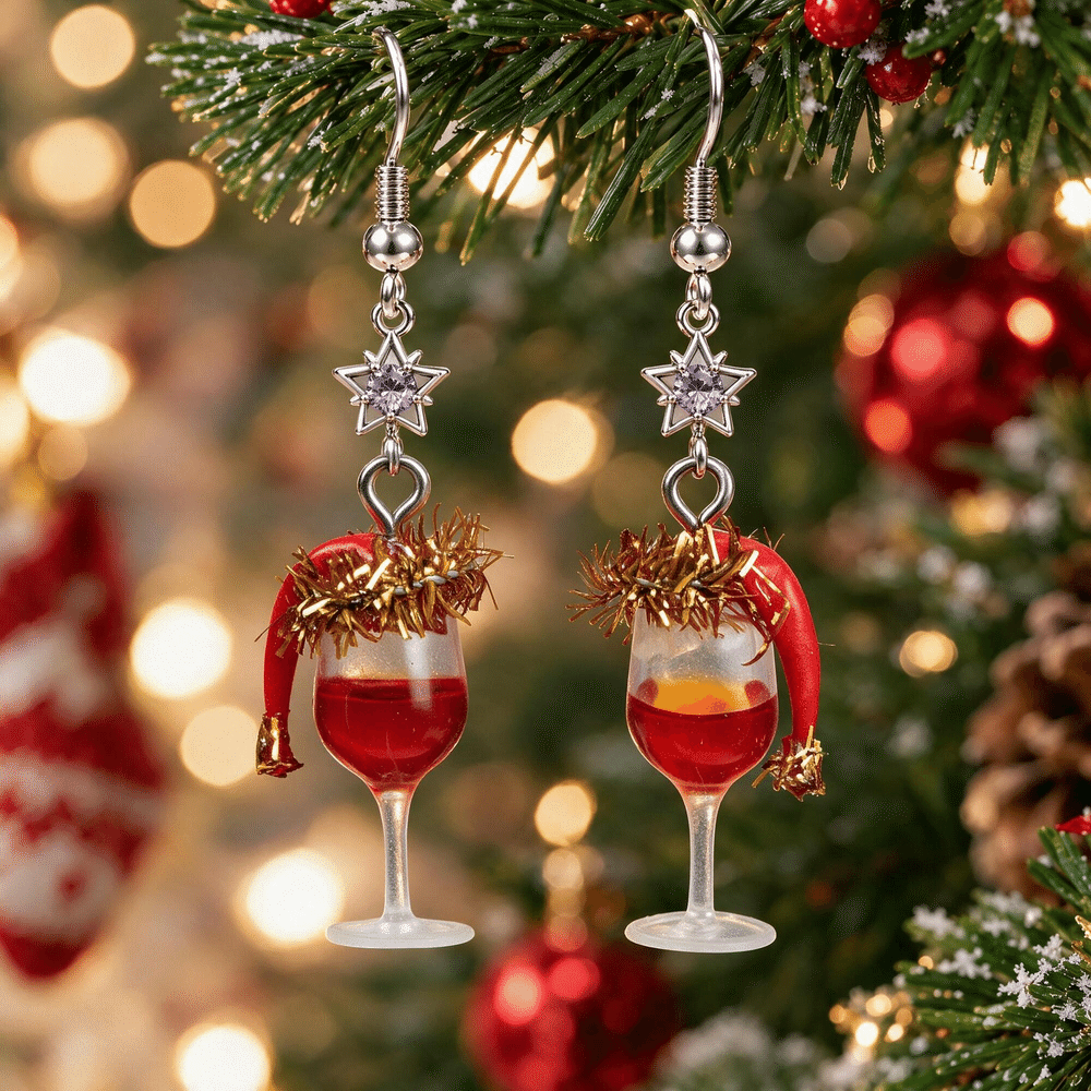 Personalised 3D Winter Theme Wine Glass Birthstone Dangle Earrings Festive Jewellery Christmas Party Gift for Women 1