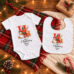 Personalized Reindeer Snowman 100% Cotton Bodysuit Baby Romper Bib Set with Name and Year Baby First Christmas Announcement Birthday Gift for Baby 1