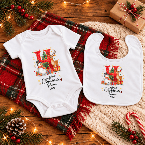 Personalized Reindeer Snowman 100% Cotton Bodysuit Baby Romper Bib Set with Name and Year Baby First Christmas Announcement Birthday Gift for Baby