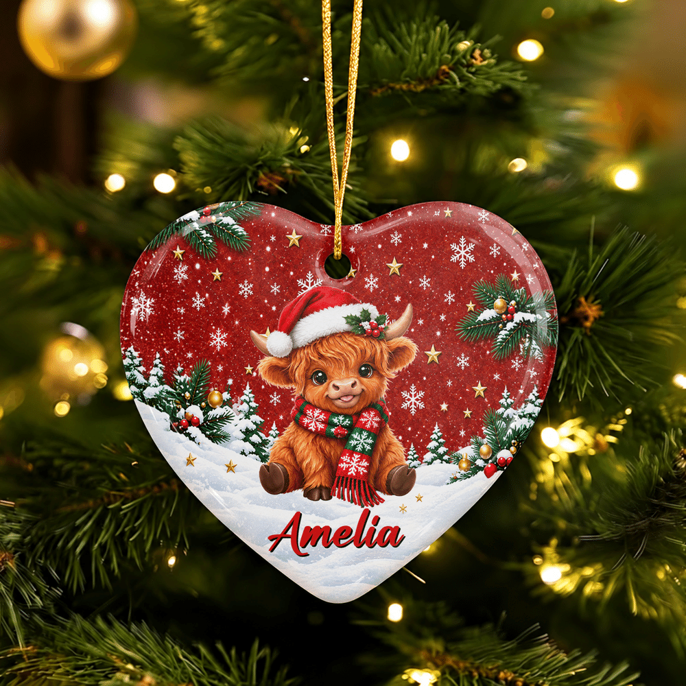 Personalised Christmas Highland Cow Heart Round Ceramic Ornament with Name Tree Decor Christmas Gift for Highland Cow Lovers Family 6