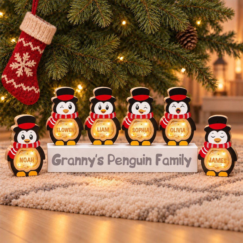 Personalized 1-14 Cartoon Penguin LED Light Wooden Christmas Ornament with Name and Text Christmas Gift for Family Kids 5
