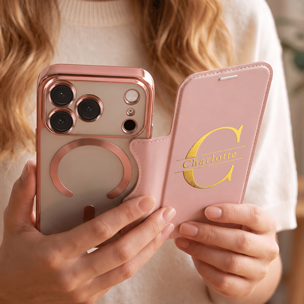 Gepersonaliseerd, minimalistisch, goudkleurig PU-leren telefoonhoesje met naam, magnetische ring en kaarthouder voor de iPhone – verjaardags- of kerstcadeau voor vrienden 3