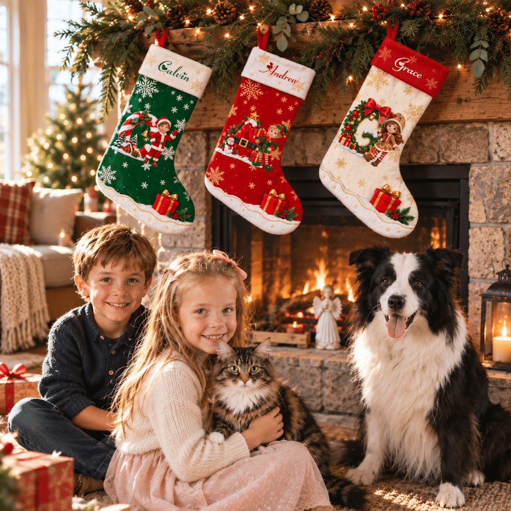 Gepersonaliseerde kerstsok met 3D-effect, cartoonfiguur en sneeuwvlok, met naam en initiaal – kerstcadeau voor familie, kinderen en vrienden 3