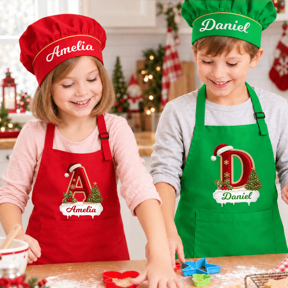 Conjunto personalizado de delantal de cocina infantil con iniciales y gorro de chef con temática navideña, con nombre y bolsillo. Accesorio de cocina para uso diario. Regalo de Navidad para niños. 1