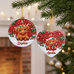 Personalised Christmas Highland Cow Heart Round Ceramic Ornament with Name Tree Decor Christmas Gift for Highland Cow Lovers Family 1