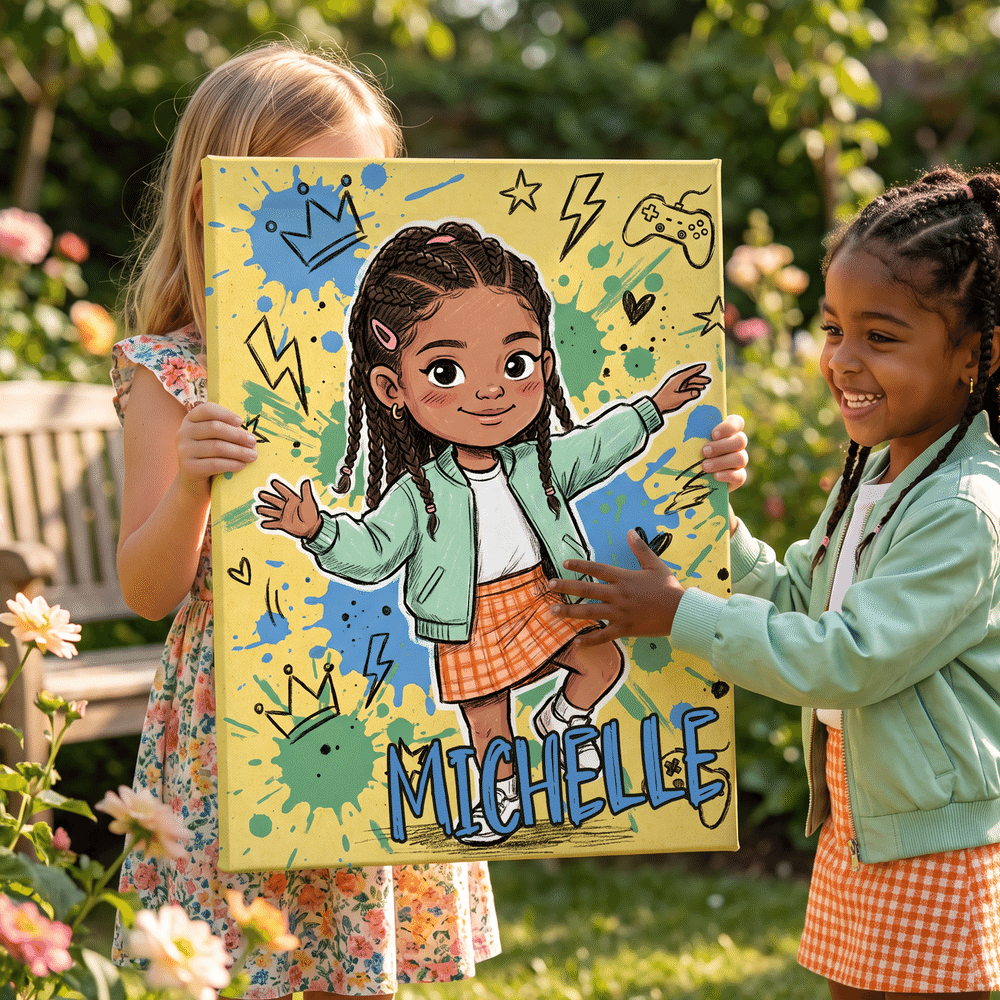 Personalisierte Q-Version-Cartoon-Leinwanddrucke mit Kinderfiguren und Namen – Wohnaccessoire und Geburtstagsgeschenk für frischgebackene Eltern 5