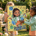 Personalisierte Q-Version-Cartoon-Leinwanddrucke mit Kinderfiguren und Namen – Wohnaccessoire und Geburtstagsgeschenk für frischgebackene Eltern 5