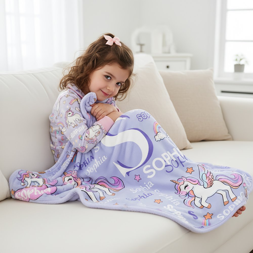 Personalised Rainbow Star Fantasy Unicorn Soft Throw Blanket with Name and Initial Home Decor Birthday Christmas Gift for Girls 2