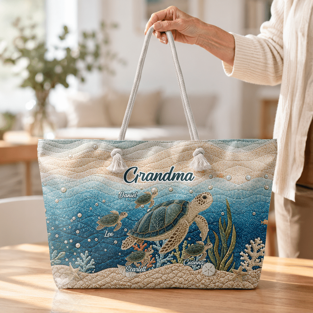 Personalised Cartoon Sea Turtle Pattern Quilted Effect Tote Bag with Title and 1-10 Names Travel Essential Birthday Gift for Woman Gran Family 1