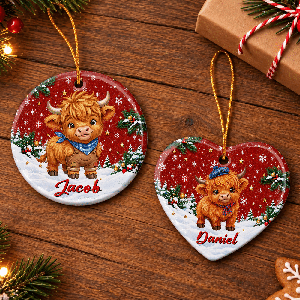 Personalised Christmas Highland Cow Heart Round Ceramic Ornament with Name Tree Decor Christmas Gift for Highland Cow Lovers Family 3