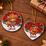Personalised Christmas Highland Cow Heart Round Ceramic Ornament with Name Tree Decor Christmas Gift for Highland Cow Lovers Family 3