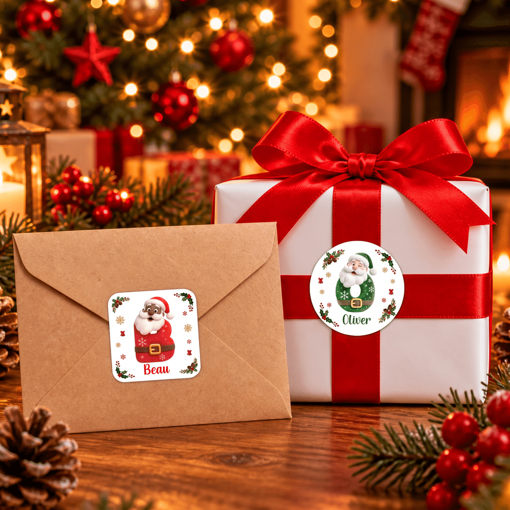 Personalised Santa Claus Initial Waterproof Square Round Stickers Labels with Name Gift Decor Christmas Party Gift for Kids Friends 2
