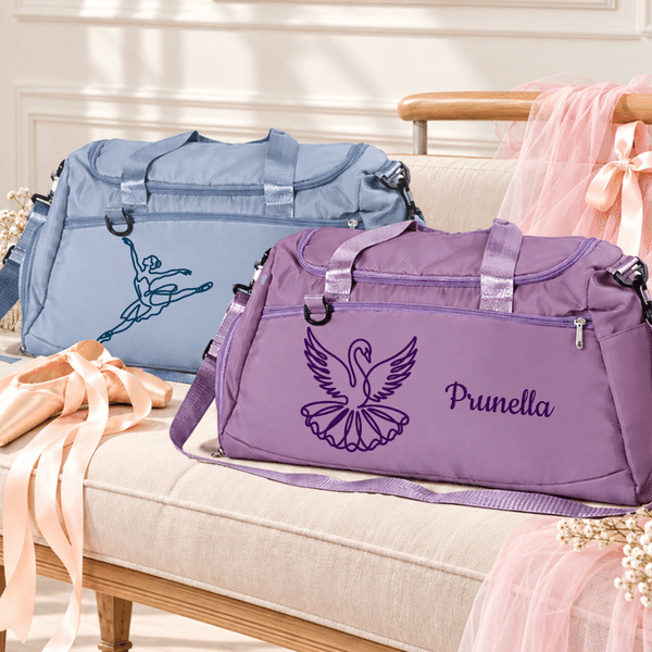 Sac de voyage imperméable personnalisé, orné d'une silhouette de danseuse en chaussons de ballet, avec prénom et bandoulière – Cadeau d'anniversaire ou de groupe pour les danseuses