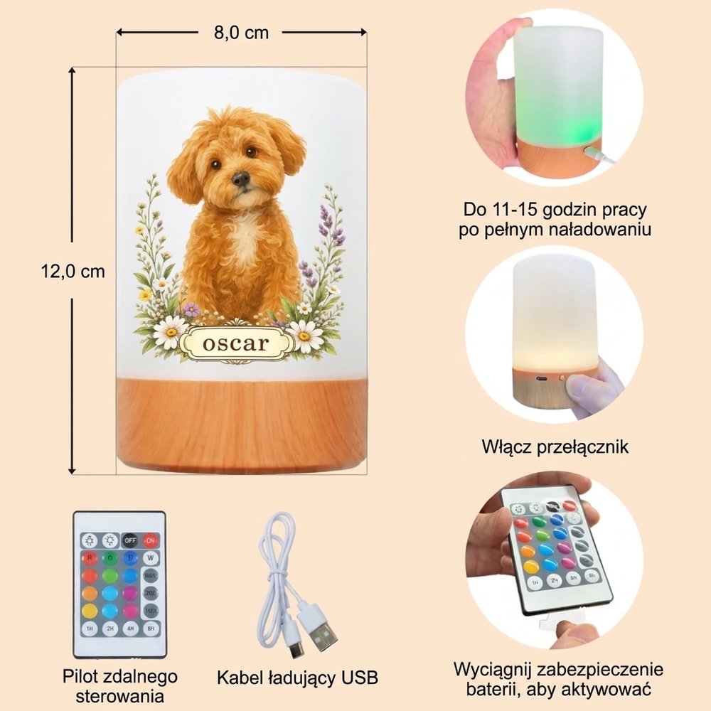 Personalizowana lampka nocna LED z akwarelowym zdjęciem pupila i imieniem ściemniana dotykowa z pilotem prezent na święta dla właścicieli zwierząt 10