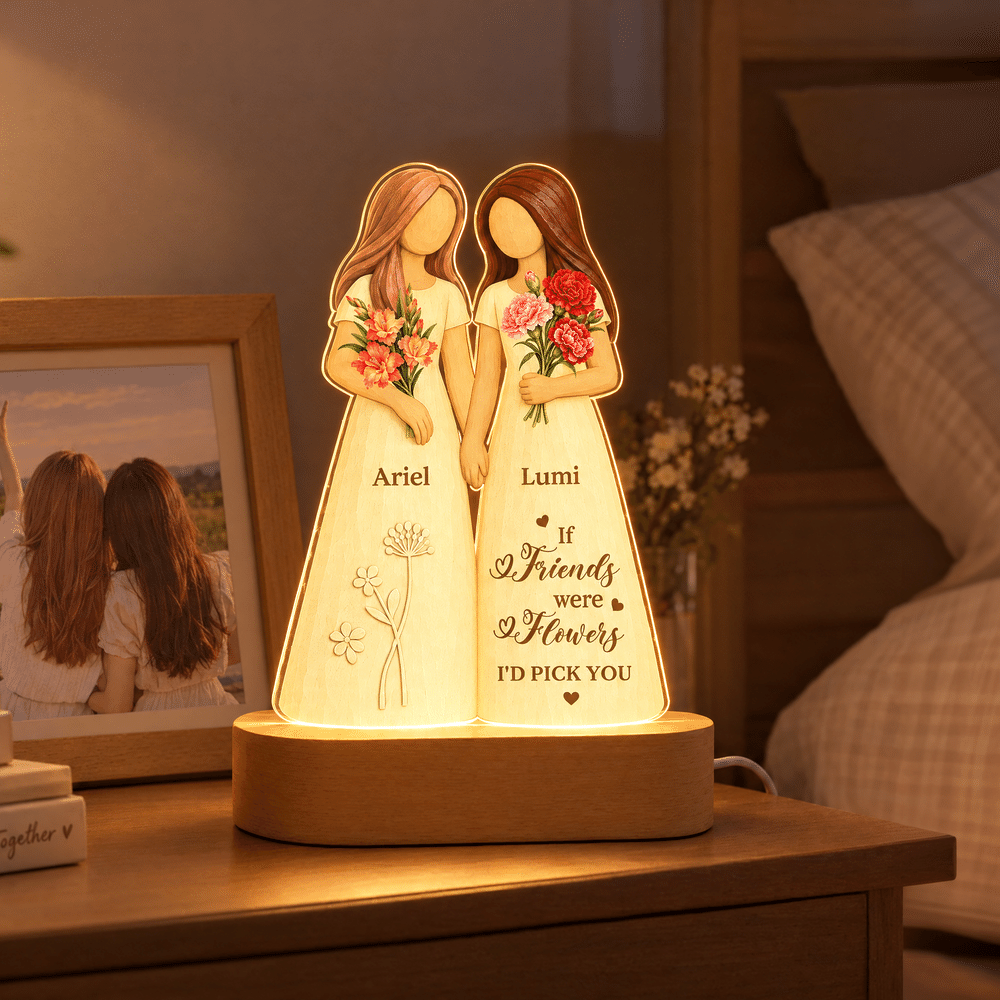 Personalized Birth Flower Faceless Human-Shaped Acrylic LED Night Light with Names and Base Anniversary Birthday Christmas Gift for Besties Sisters 1