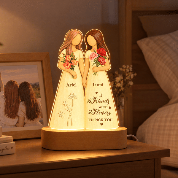 Personalized Birth Flower Faceless Human-Shaped Acrylic LED Night Light with Names and Base Anniversary Birthday Christmas Gift for Besties Sisters