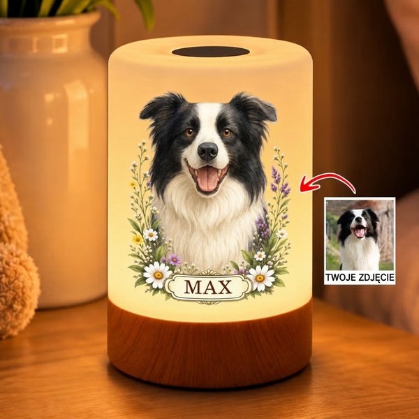 Personalizowana lampka nocna LED z akwarelowym zdjęciem pupila i imieniem ściemniana dotykowa z pilotem prezent na święta dla właścicieli zwierząt