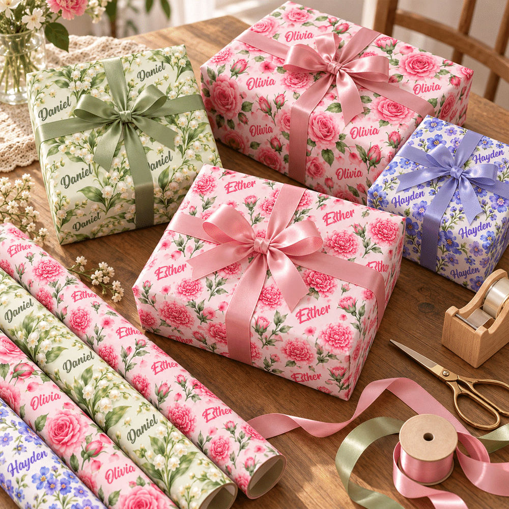 Papel de regalo personalizado con la flor del mes de nacimiento y el nombre: regalo para cumpleaños, Navidad y fiestas, ideal para familiares y amigos 5